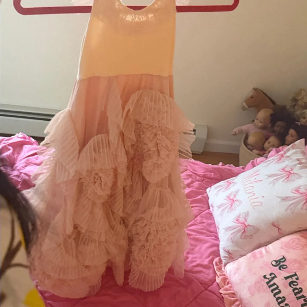 Dollcake Blush Pink Ruffled Tulle Party Dress with Beaded Shoulder Accents